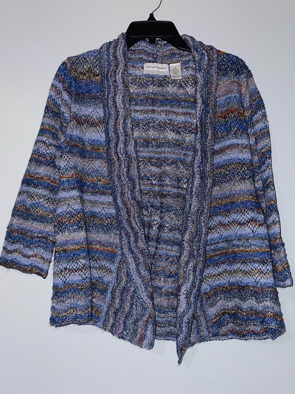 📘Alfred Dunner Women’s Blue and Brown Multi-Color Crewneck Cardigan Sweater